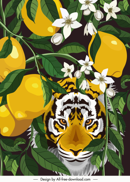 pintura de la naturaleza limón árbol tigre bosquejar colorido clásico