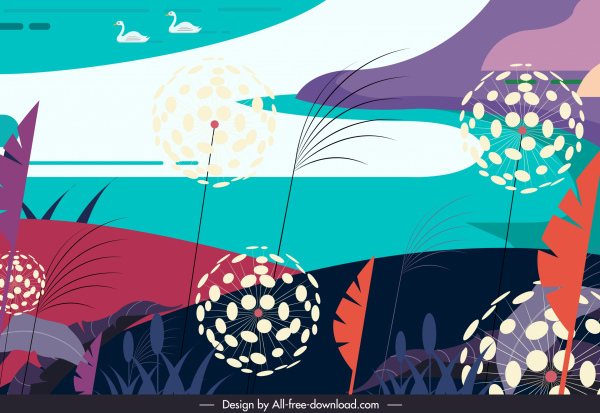 Thiên nhiên sơn Swans hồ Dandelion Sketch đầy màu sắc cổ điển