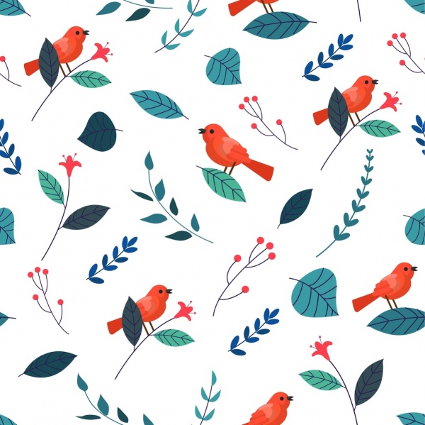 pola alam burung ikon daun dekorasi desain berulang