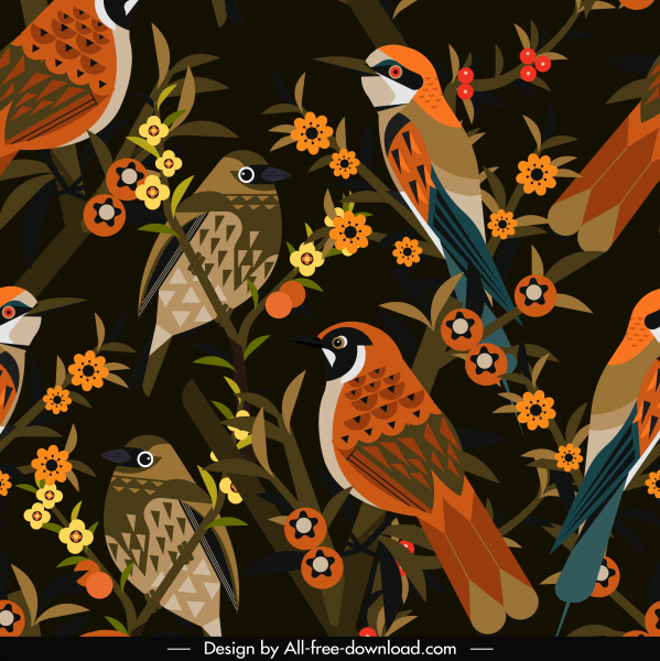 pola alam burung spesies bunga dekorasi retro gelap