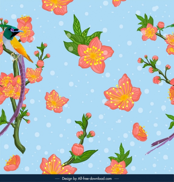 natureza flor de cerejeira pássaro ícones coloridos design pattern