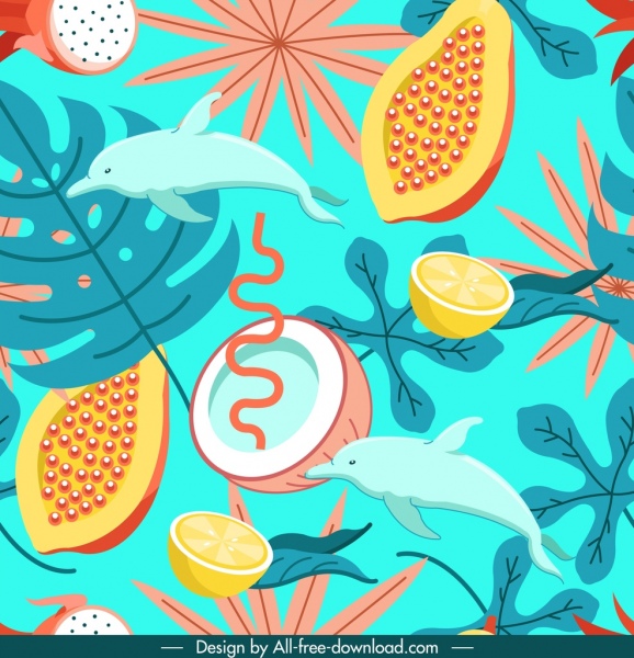 自然图案五颜六色椰子木瓜海豚叶装饰