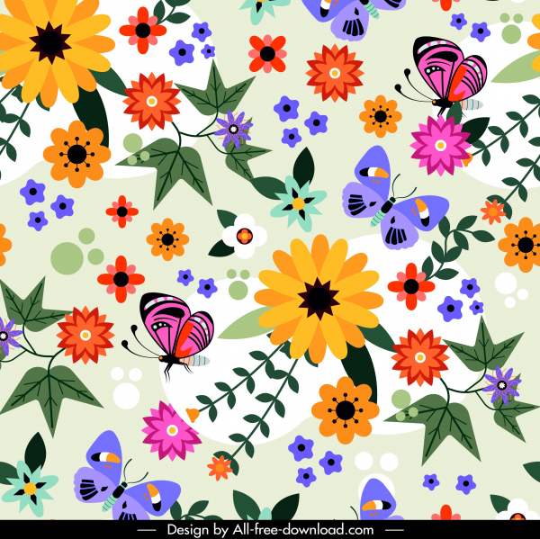 자연 패턴 화려한 꽃 나비 장식 평면 디자인