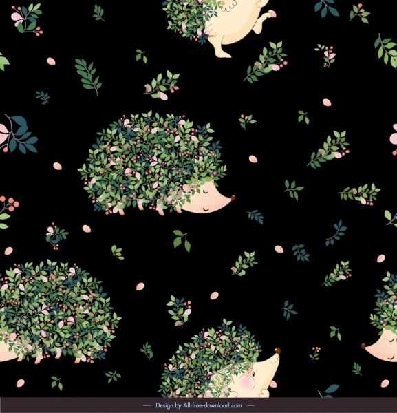 natureza padrão porcos-espinhos flores ícones escuro decoração colorida