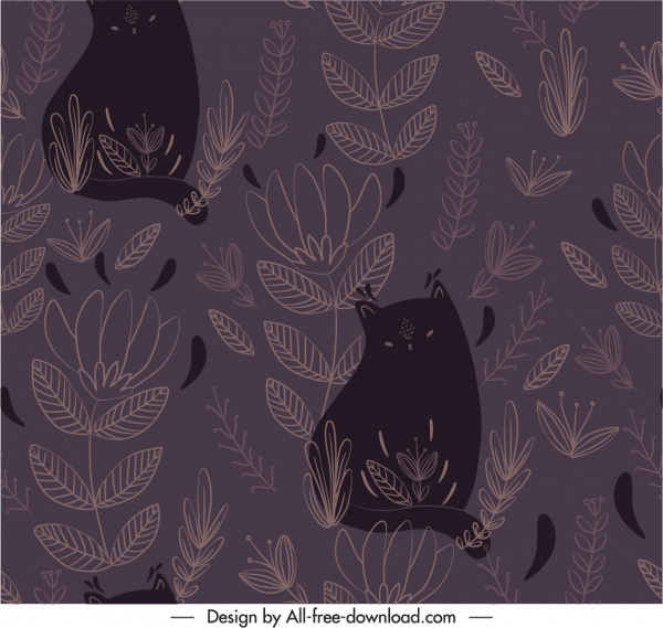 plantilla de patrón de naturaleza gatos hoja boceto oscuro retro