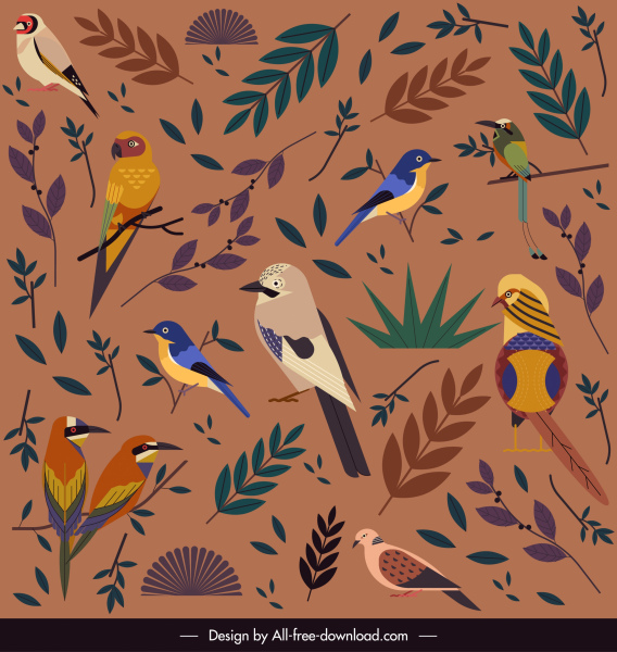 pola alam Template warna-warni burung dekorasi daun