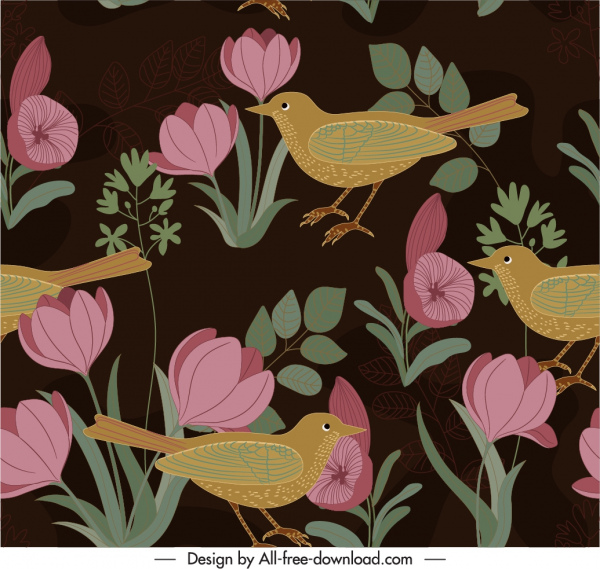 Natur Muster Vorlage dunkle klassische Blumen Vögel Skizze