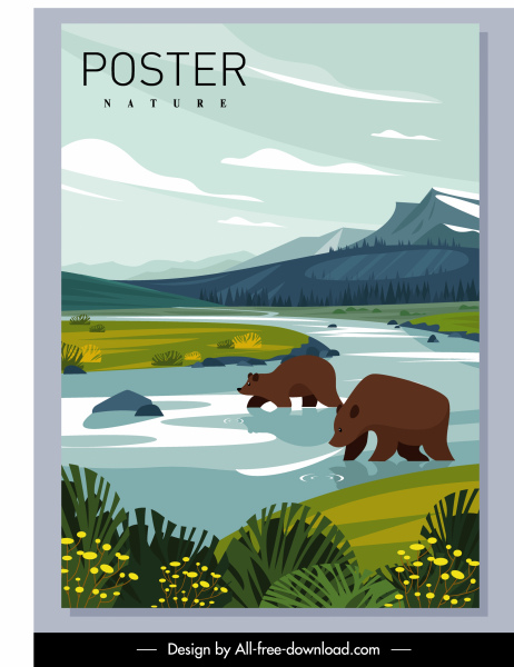 alam poster beruang berburu Sungai sketsa kartun desain