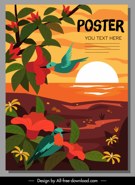 Poster thiên nhiên đầy màu sắc hoa tối chim ký họa biển