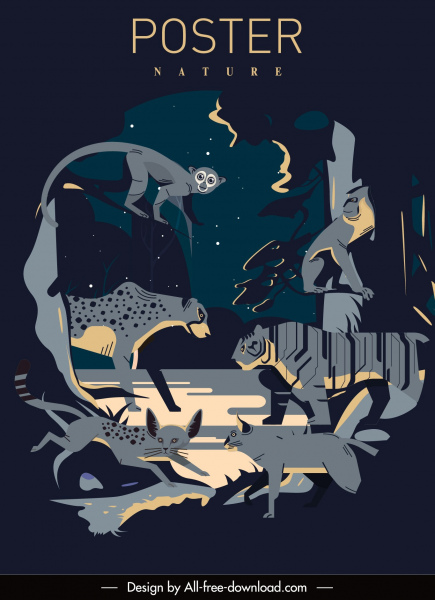 affiche de nature dark design wild animals sketch