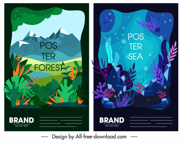 자연 포스터 숲 해양 장면 스케치 화려한 디자인