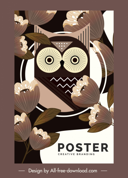 自然海报猫头鹰花素描经典设计