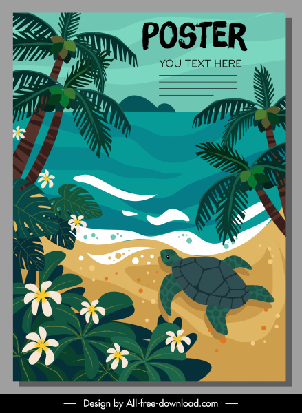 자연 포스터 템플릿 해변 장면 스케치 다채로운 클래식