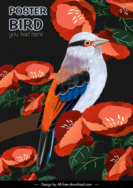 plantilla de cartel de la naturaleza coloridas flores pájaro percamiento bosquejo