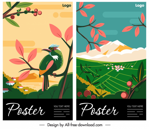 Thiên nhiên poster mẫu chim núi phác họa đầy màu sắc cổ điển