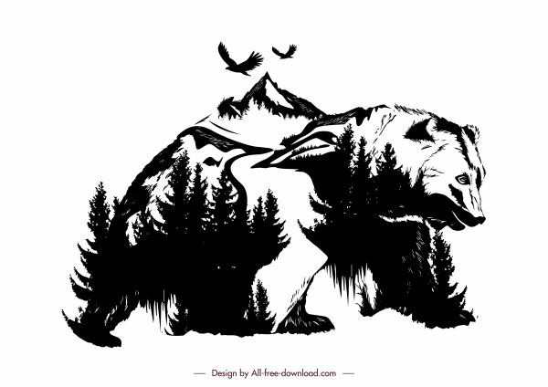 자연 보존 배경 고전적인 곰 산 숲 스케치