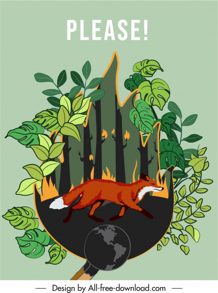 bosquejo del zorro del desastre del fuego del bosque de la bandera de la protección de naturaleza
