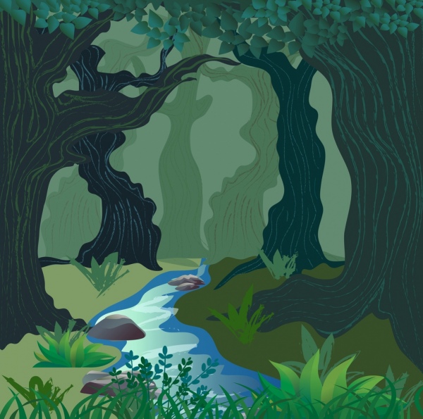 Natur-Szene Wald Stream Symbole farbige Skizze zeichnen