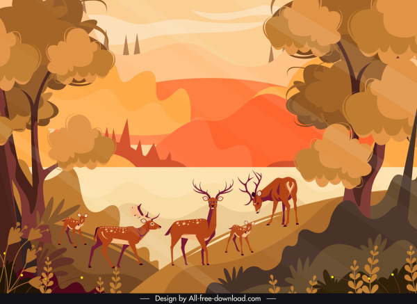paisaje de la naturaleza pintando renos bosque bosque boceto color clásico