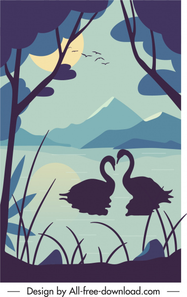 자연 풍경 그림 백조 호수 스케치 어두운 고전