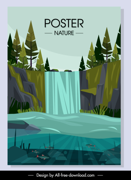 paisaje de la naturaleza cartel cascada lago sketch colorido clásico