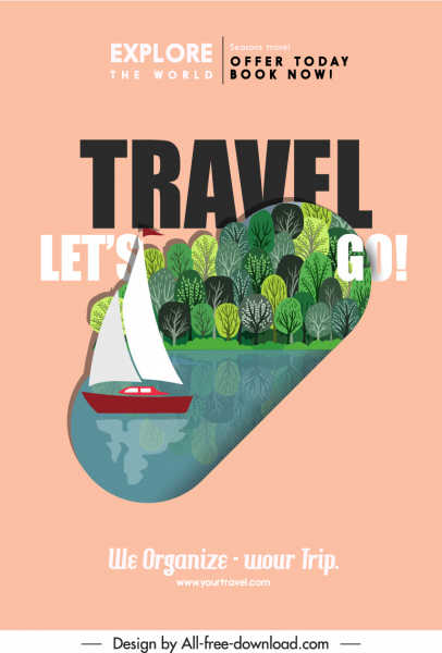 자연 여행 포스터 템플릿 항해 호수 숲 스케치