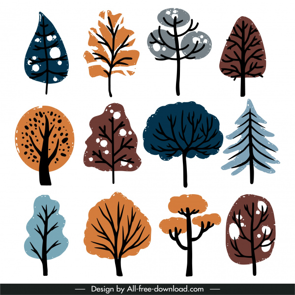 iconos de árboles de naturaleza diseño plano retro dibujado a mano