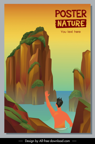 doğa gezisi poster şablonu deniz manzarası turist kroki