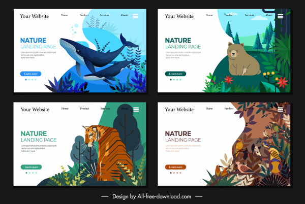 طبيعة قوالب صفحة ويب الحيوانات رسم تصميم الكرتون الملونة