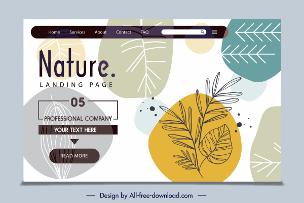 plantilla del sitio web de la naturaleza dibujado a mano decoración de hoja plana