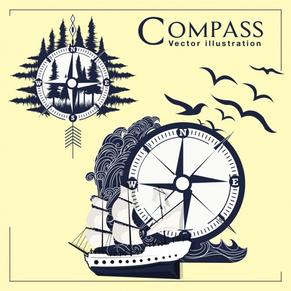 kompas navigasi latar belakang hutan laut kapal ikon