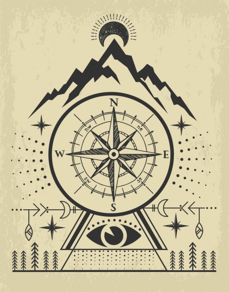 Desain retro handdrawn navigasi latar belakang Gunung Kompas ikon