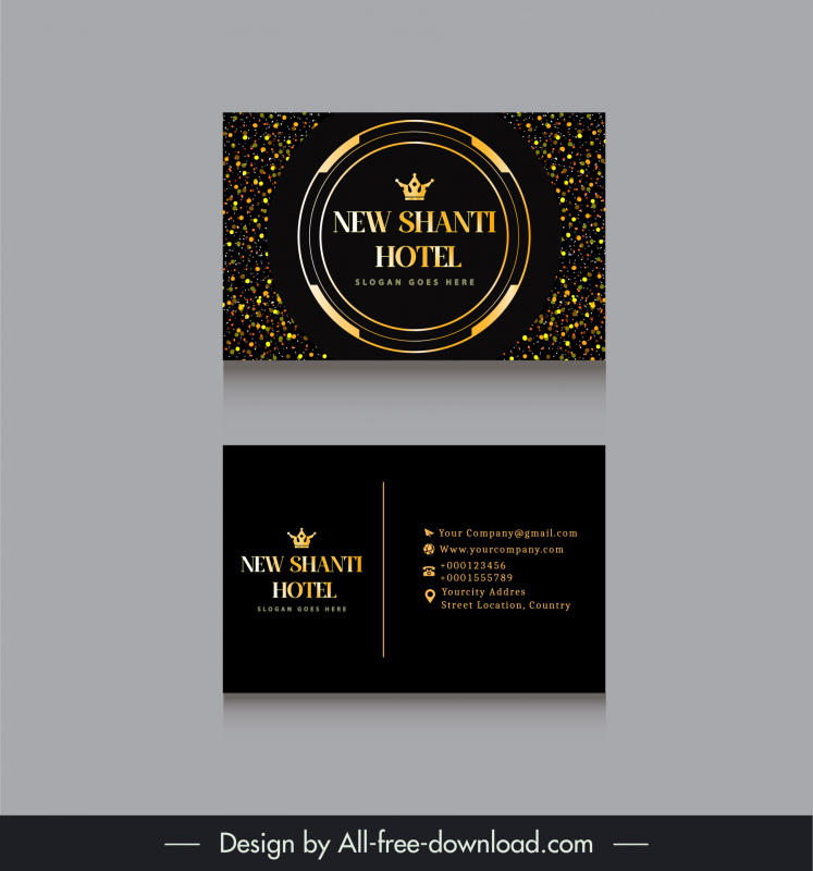 Nueva plantilla de tarjeta de visita de lujo de Shanti Hotel Decoración del círculo corona dorada oscura