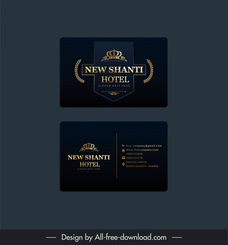 新しいシャンティホテルの豪華な名刺テンプレートエレガントなダークゴールデンクラウンの装飾
