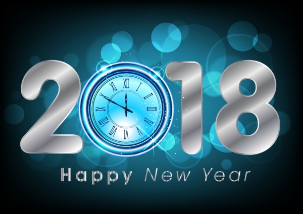 New Year Banner Bokeh Blue Background Clock Icon