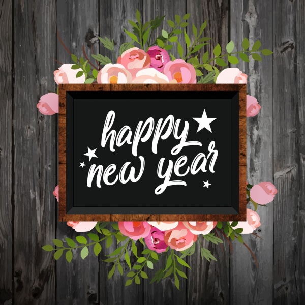 新年橫幅五顏六色的玫瑰裝飾黑板圖示