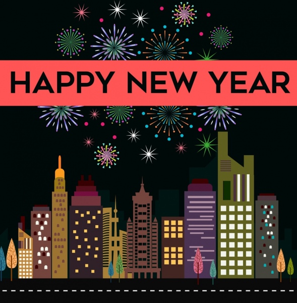 Neujahrs Banner funkelnden Feuerwerk moderne Stadt Symbole
