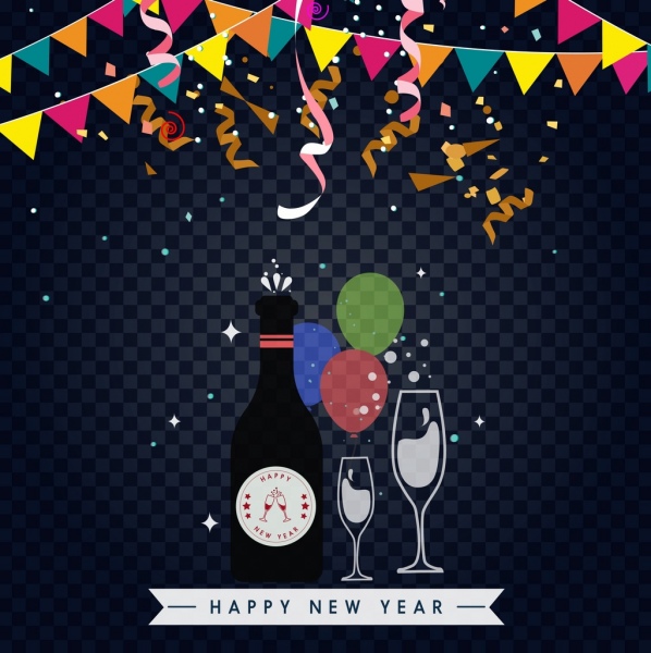 السنة الجديدة شعار زجاجة النبيذ رمز الشريط ديكور