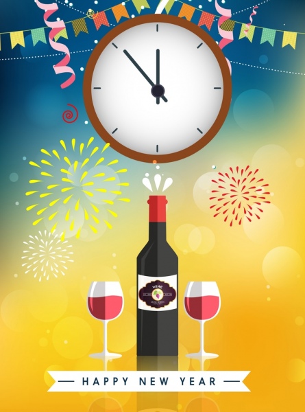Fuegos artificiales de año nuevo reloj de cristal de iconos de bandera de vino