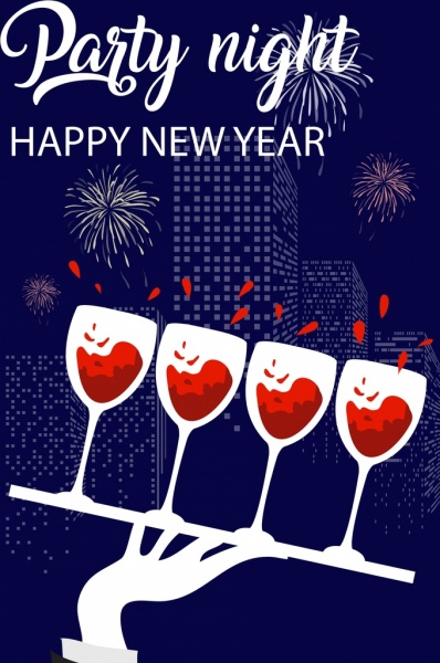 tahun baru banner wineglasses kembang api pencakar langit ikon