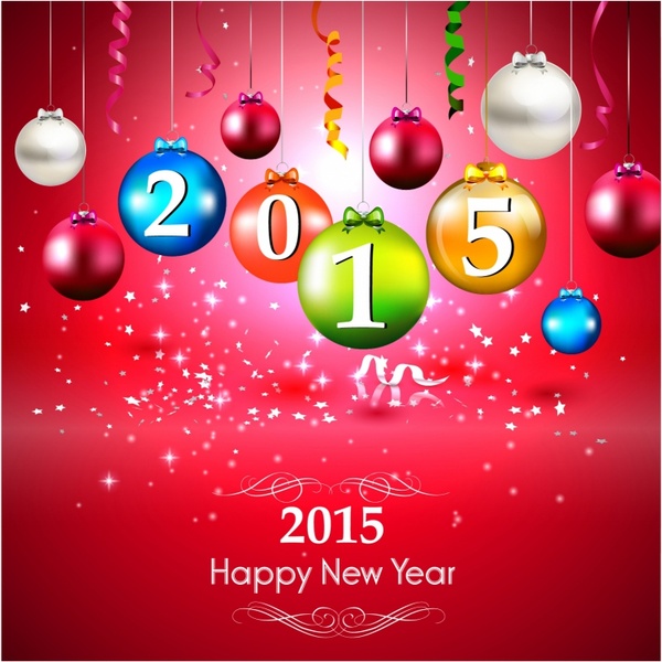 cartão de ano novo 2015 com enfeites coloridos sobre fundo vermelho
