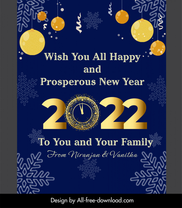 Neujahrswünsche Banner Schneeflocken Kugelkugeln Uhr Dekor