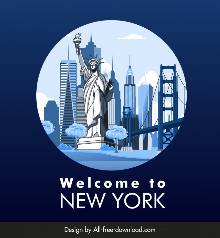 Poster Iklan Kota New York Simbol Landmark Isolasi Sketsa
