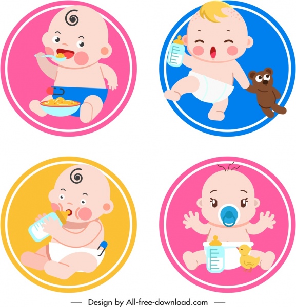 Neugeborene Kinder Symbole niedlichen Cartoon Skizze Kreisen isoliert