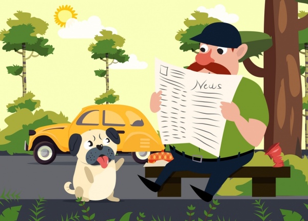 Notícias tema homem cachorro ícones coloridos de projeto dos desenhos animados