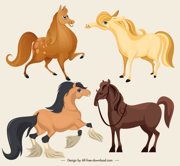 bonitos caballos iconos lindo dibujo animado bosquejo