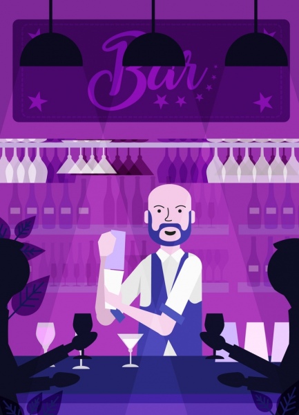 noche de la barra los iconos de bartender de diseño violeta oscuro fondo