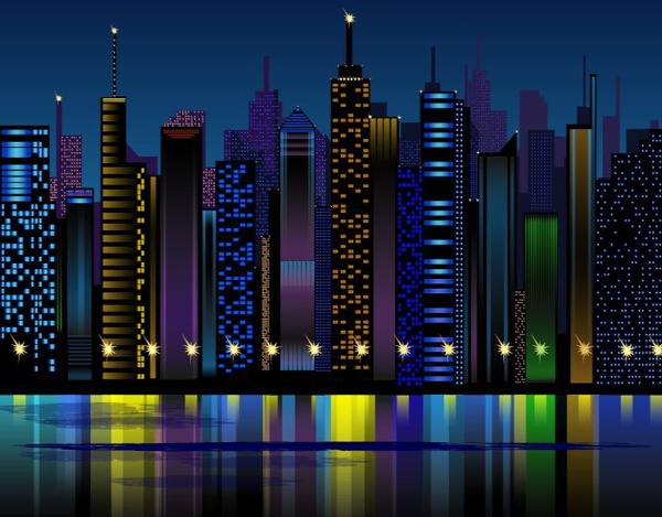 밤 도시 배경 고층 빌딩 아이콘 다채로운 반사 장식