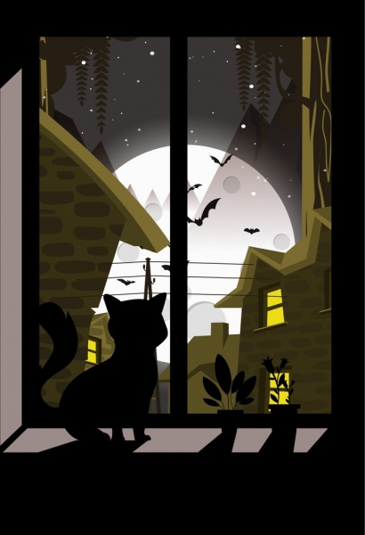 noc rysując kot księżyca nietoperze ikon ciemne projektu