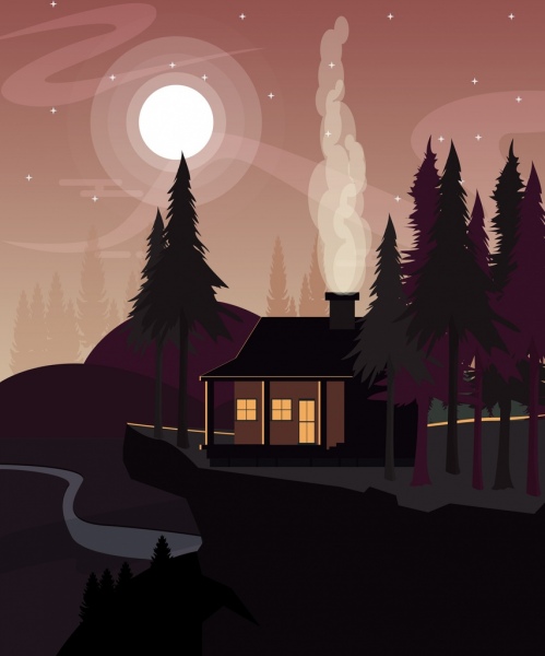 panorama notturno disegno chiaro di luna casa alberi icone